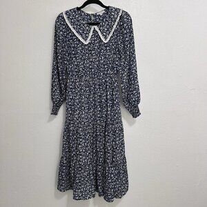 Calista Long Sleeve Midi Smocked Dress Lace Trim Collar Blue Floral Sz S Prairie